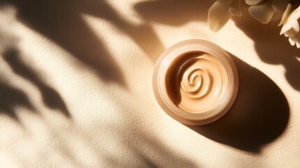 Luxurious beauty foundation in elegant jar with flower shadows for radiant skin campaigns and cosmetic product displays on beige background