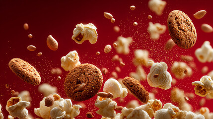 A dynamic shot of cookies almonds and popcorn suspended against a vibrant red backdrop creating a lively scene
