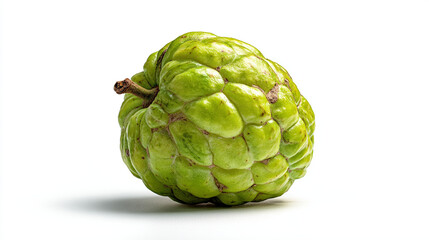 Obraz premium Close up shot of a single green custard apple fruit on a white background with a small shadow