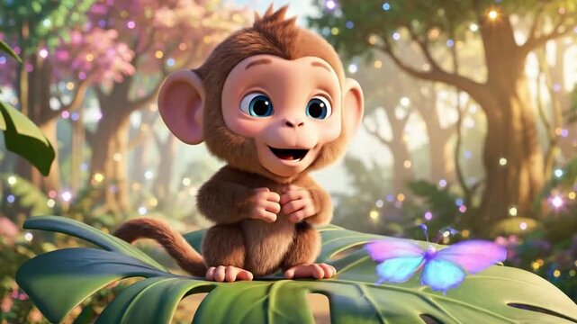 Cute baby monkey smiling sweetly while sitting on a large green leaf in a lush jungle with a butterfly nearby, creating a whimsical and joyful scene.