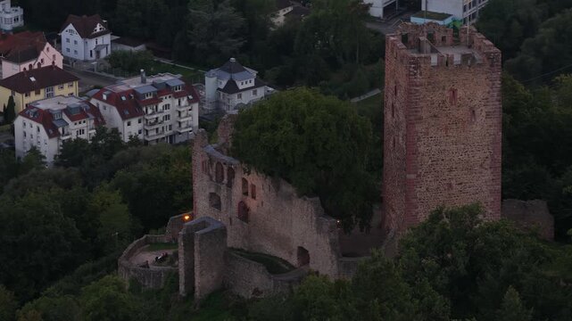 Aerial Video at Dusk of Kastelburg Castle Ruins Above Waldkirch in the German Black Forest.