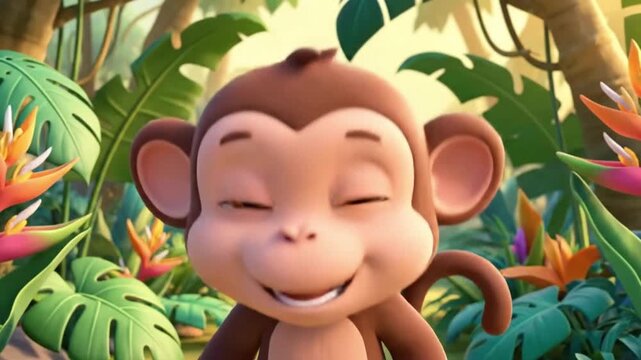 Cartoon monkey smiling peacefully amidst lush jungle foliage with vibrant flowers, creating a cheerful and inviting atmosphere.