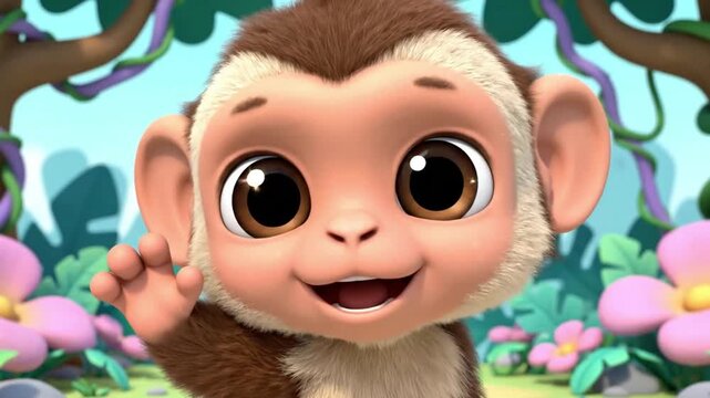 Cute cartoon monkey waving its hand in a lush jungle with colorful flowers, creating a playful and cheerful atmosphere.