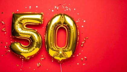 Gold foil balloons shaped as “50” with star confetti on bright red background