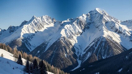 Majestic Snow-Capped Mountain Range with Evergreen Forest Under Clear Blue Sky.