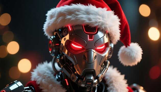 Cybernetic robot head in metallic silver wearing a fluffy red and white Santa hat with glowing red eyes