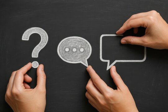 Hands interacting with chalk drawings of a question mark and speech bubbles on a chalkboard. Concept of communication, inquiry, and dialogue in education and discussions.
