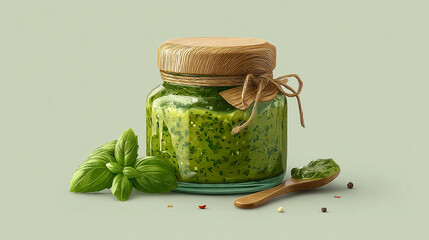 A jar of pesto with a wooden lid and twine, basil leaves, and a spoon of pesto on a light surface