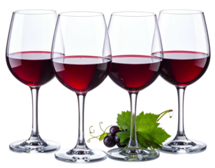 Four red wine glasses filled, with grapes and a green leaf below