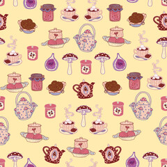 Old retro dishes and sweets, antique kitchen, vintage breakfast. Decorative cozy yellow pattern. Folk home wallpaper. Rustic country print. Nostalgic illustration.