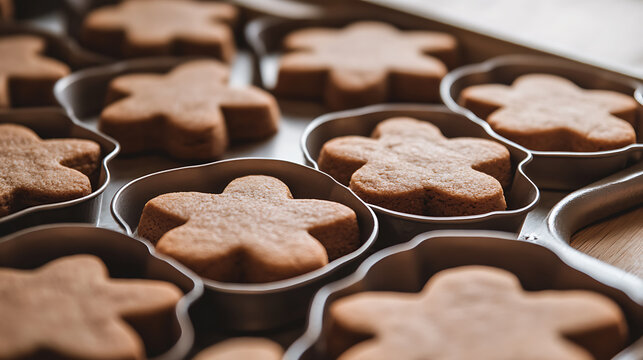 A close-up shot of gingerbread cookies in flower-shaped cookie cutters, set inside a metal baking pan, showcasing homemade treats ready for a festive occasion or holiday baking.