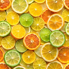 Obraz premium Citrus fruit slices including oranges, lemons, limes, and grapefruits arranged in vibrant overlapping pattern showcasing natural freshness