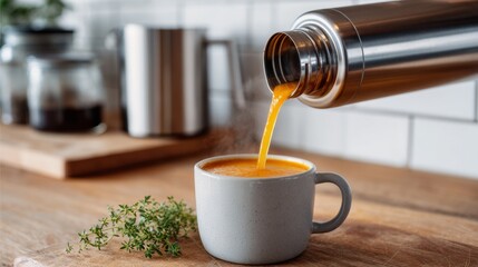 Lunch Breaks Pouring Fresh Soup from Thermos into Mug on Rustic Kitchen