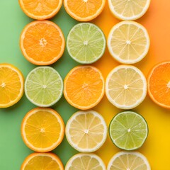Obraz premium Citrus fruit halves including oranges, lemons, and limes arranged in grid on vibrant gradient background showcasing freshness and symmetry