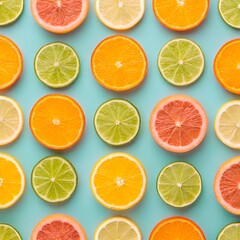 Fototapeta premium Citrus slices of oranges, lemons, limes, and grapefruits arranged in colorful grid on light blue background showcasing freshness and symmetry