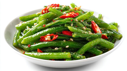 A white bowl filled with green beans and red chili peppers on a white background studio shot