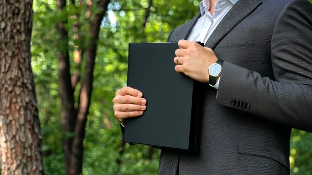 Businessman standing in the woods while holding a black folder with trees and greenery in the background