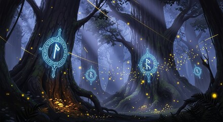 Enchanted forest scene with glowing symbols and atmospheric lighting