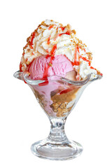 Sundae with strawberry sauce and nut sprinkles on white background