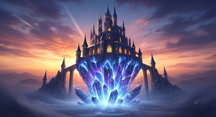 Fantasy castle above mystical crystal formation