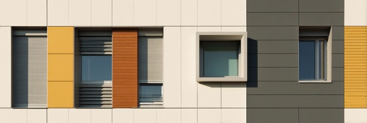 Fototapeta premium Modern Facade Featuring Colorful Windows and Sleek Lines in Urban Architecture During Bright Daylight