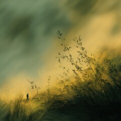 Fototapeta premium A serene landscape featuring a figure walking through tall grass, illuminated by soft golden light against a moody, greenish background, square nature background for quotes