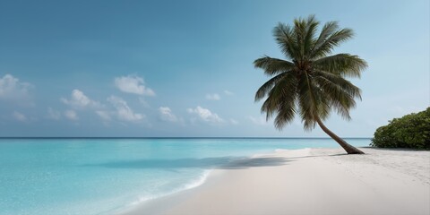 Serene tropical beach with palm tree and vibrant blue ocean under clear sky