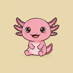 Cute pink axolotl sitting happily with big eyes and frilly gills. Adorable aquatic creature cartoon perfect for kids books, stickers, nursery decor, educational materials, and character design.