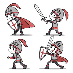 Cute cartoon knight in four different poses with sword and shield