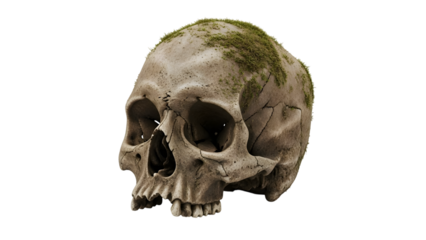 Aged human skull with moss growth and cracks on a dark background isolated on a transparent background