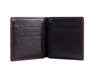 Opened dark brown leather wallet, many card slots, black background
