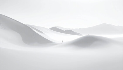 Fototapeta premium Ethereal landscape featuring soft white sand dunes under a misty atmosphere, with distant mountains creating a serene and tranquil environment, embodying the essence of calmness Cloud Dancer color