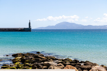 Tarifa, Spain - April 18, 2025: Sea views in Tarifa, right at the point of the Strait of Gibraltar where the Mediterranean Sea meets the Atlantic Ocean on one side in Tarifa, Spain