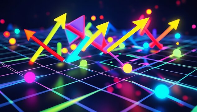 Vibrant growth concept with colorful arrows pointing upwards on a glowing grid, perfect for illustrating data trends and business performance analysis
