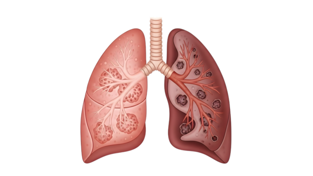Anatomical illustration of human lungs showing healthy tissue and tumors isolated on a transparent background