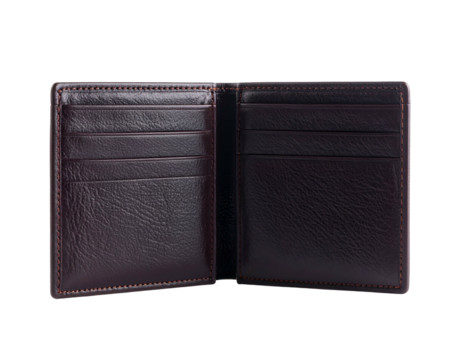 Opened dark brown leather wallet, many card slots, black background