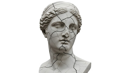 Obraz premium Ancient Greek marble bust of a woman with prominent cracks and damage isolated on a transparent background
