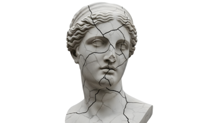 Ancient Greek marble bust of a woman with prominent cracks and damage isolated on a transparent background