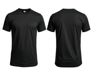 Plain black t-shirt front and back views on dark background