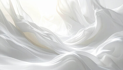 Obraz premium Ethereal white fabric flows gracefully, creating soft waves and delicate textures, evoking a sense of tranquility and lightness in a serene atmosphere with copy space, Cloud Dancer color