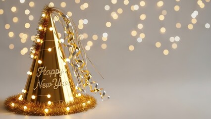 Sparkling gold Happy New Year party hat with festive lights and streamers, ready for joyful celebrations