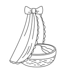 Wicker baby cradle bassinet with fabric and bow on top. Newborn sleep care. Outline style vector illustration for nursery design, coloring book, card