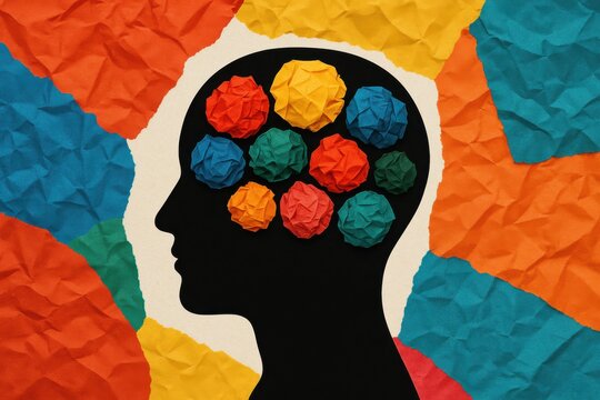 Colorful paper balls representing thoughts in a creative silhouette of a human head, symbolizing ideas, creativity, and the complexity of mental processes.
