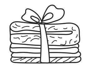 Cute stack of folded clothes tied with ribbon, line icon drawing. Simple doodle style graphic illustration or symbol for laundry, gift, textile