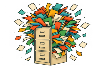 Office filing cabinet bursting with a huge pile of colorful documents and papers, representing administrative chaos and data overflow