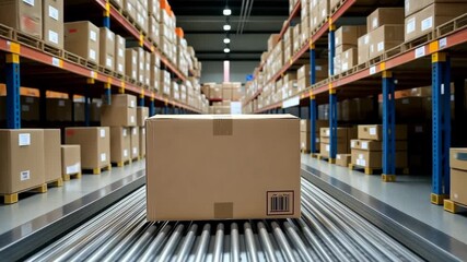 Delivery process of a cardboard box moving on a conveyor belt in a large warehouse filled with stacked boxes - Powered by Adobe
