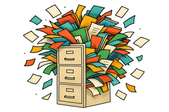 Office filing cabinet bursting with a huge pile of colorful documents and papers, representing administrative chaos and data overflow