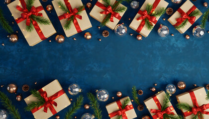 Top view of holiday gifts, pine cones, and baubles framing a copy space