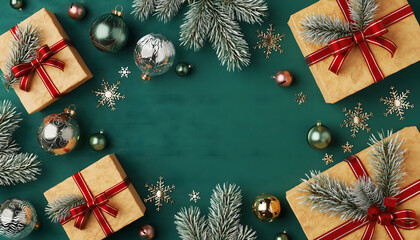 Top view of holiday presents, pine branches, and red ribbon on a dark teal surface