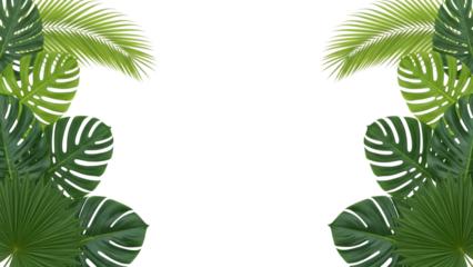 Assortment of lush green tropical monstera and palm leaves with white outlines isolated on a transparent background